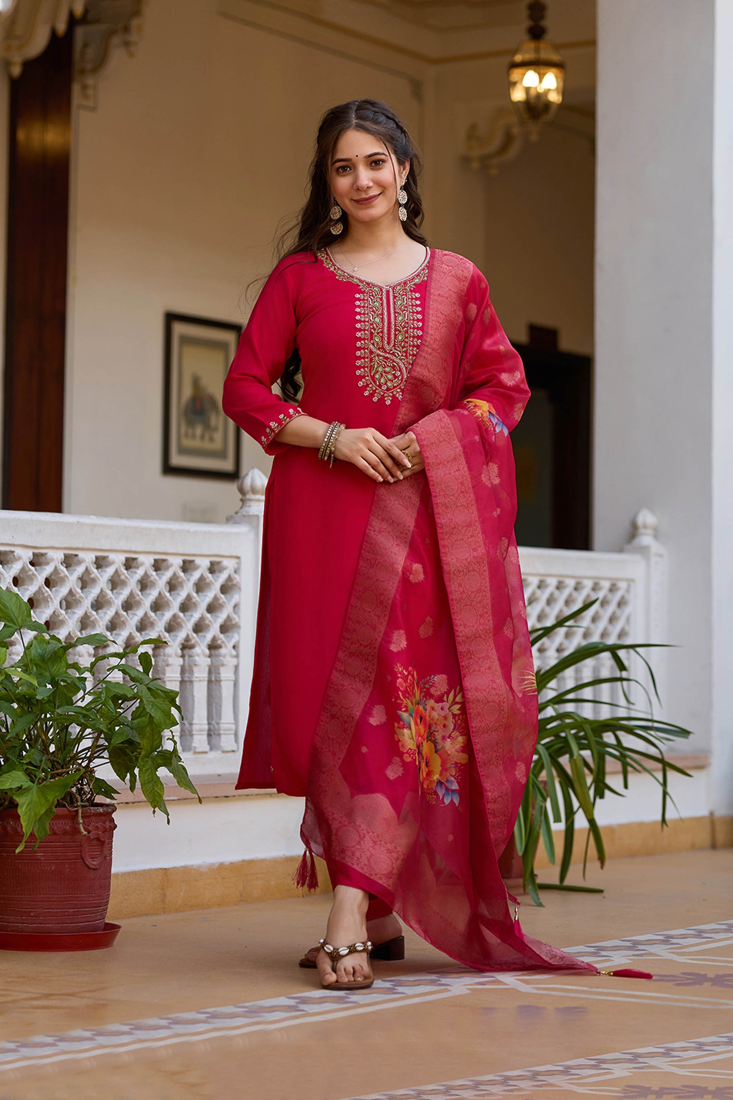 Rangita Rani Pink Viscose Chanderi Embroidered Kurta Set