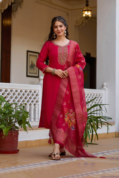 Rangita Rani Pink Viscose Chanderi Embroidered Kurta Set