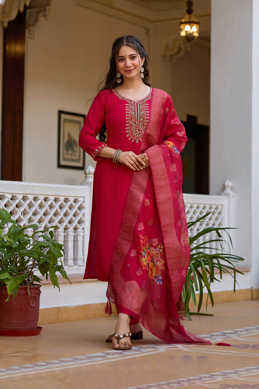 Rangita Rani Pink Viscose Chanderi Embroidered Kurta Set