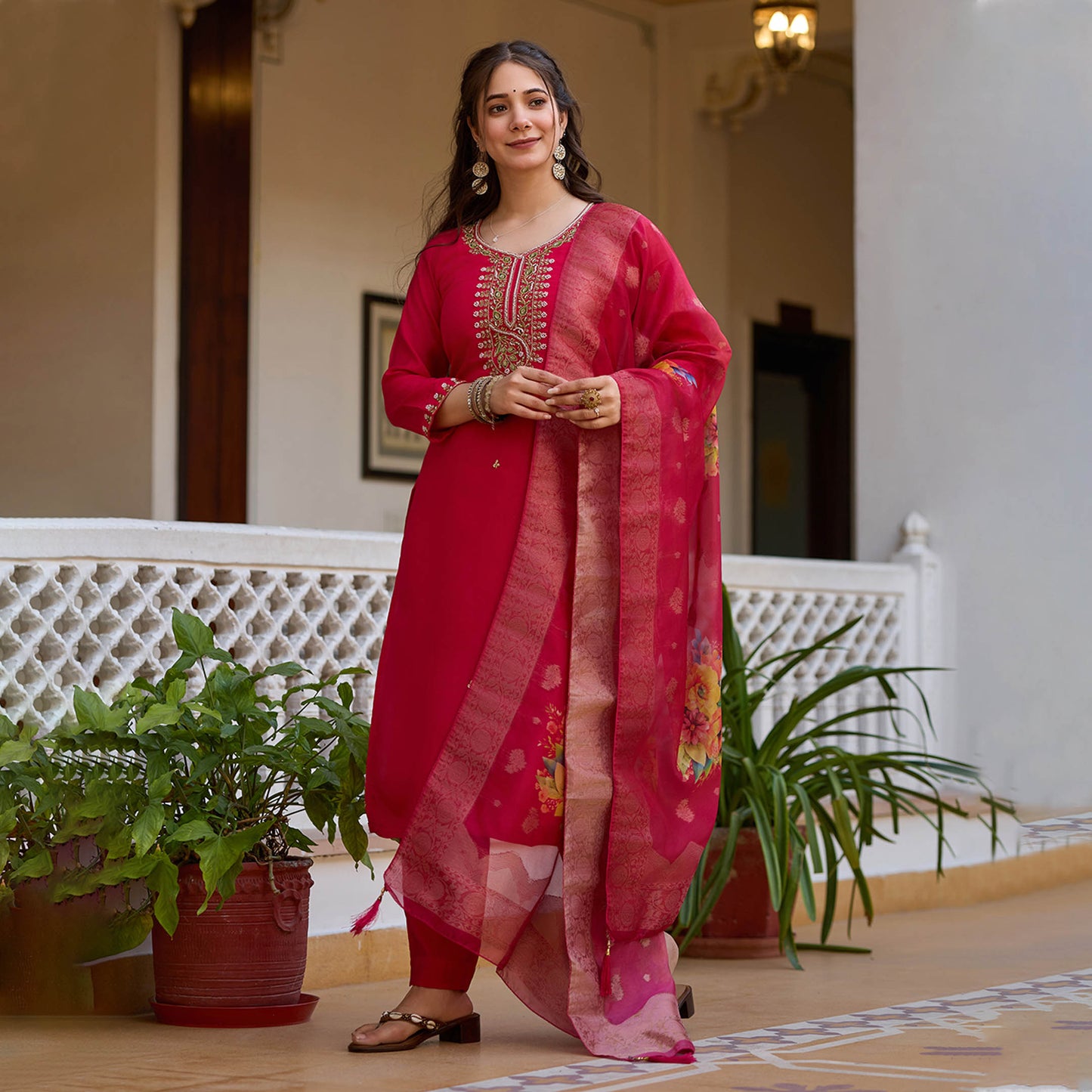 Rangita Rani Pink Viscose Chanderi Embroidered Kurta Set