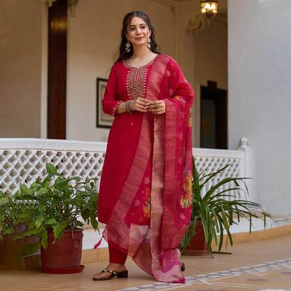 Rangita Rani Pink Viscose Chanderi Embroidered Kurta Set