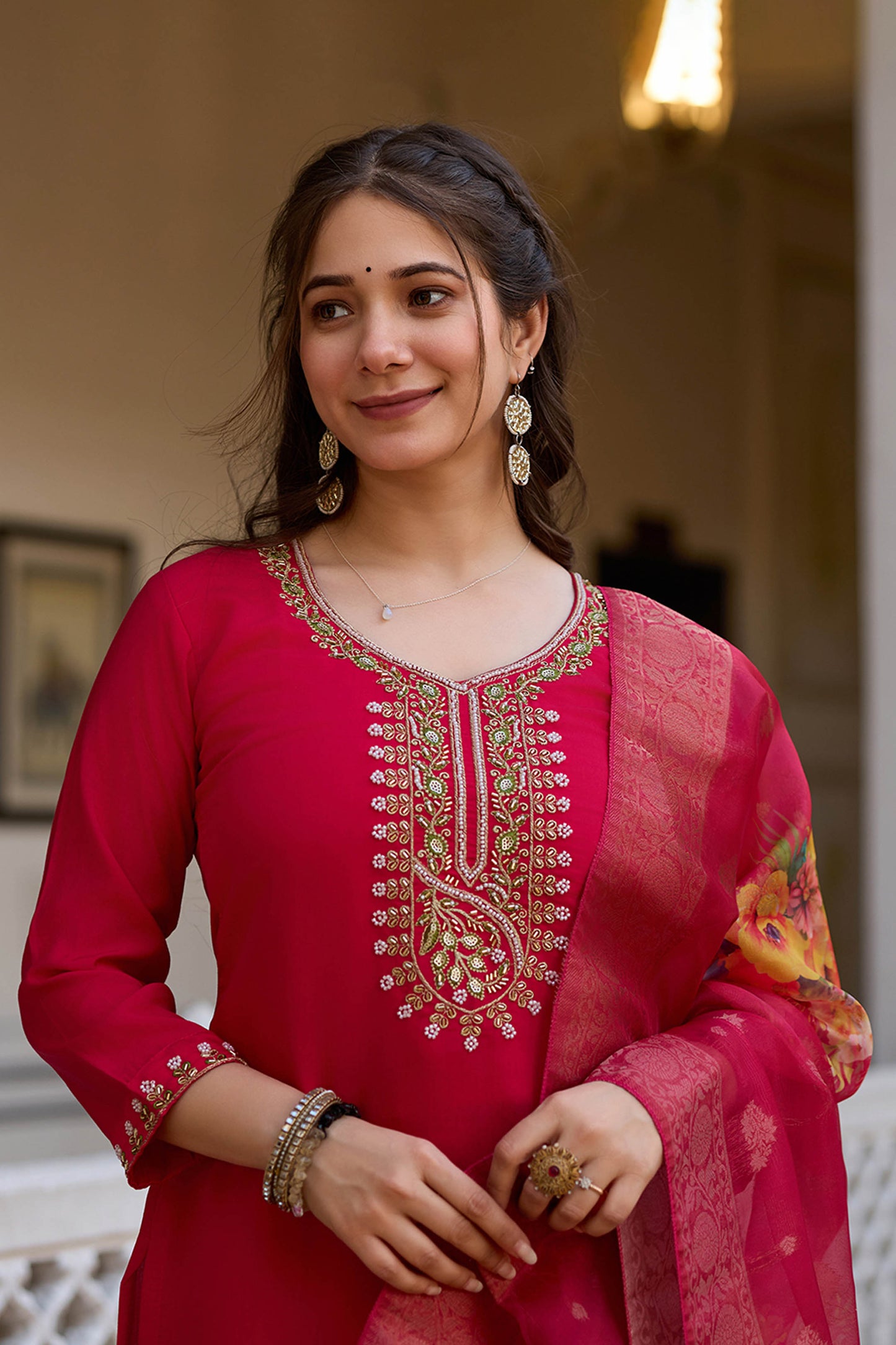 Rangita Rani Pink Viscose Chanderi Embroidered Kurta Set