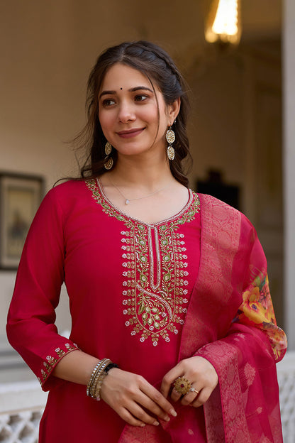 Rangita Rani Pink Viscose Chanderi Embroidered Kurta Set
