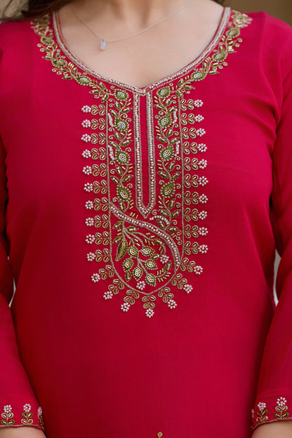 Rangita Rani Pink Viscose Chanderi Embroidered Kurta Set