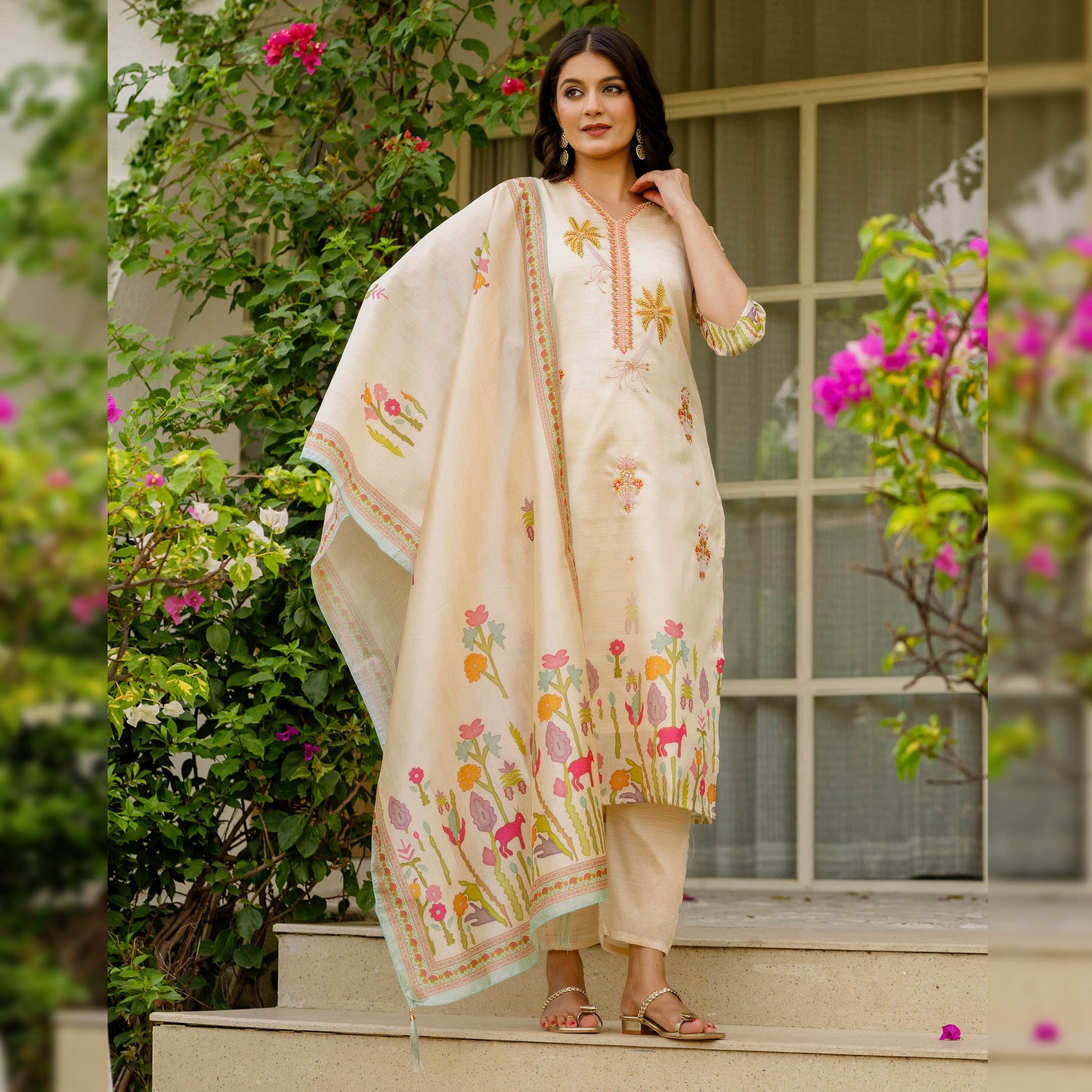 Prakriti Ivory Viscose Assam Silk Embroidered Kurta Set