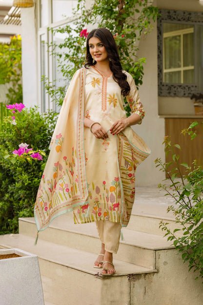 Prakriti Ivory Viscose Assam Silk Embroidered Kurta Set