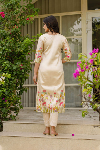 Prakriti Ivory Viscose Assam Silk Embroidered Kurta Set