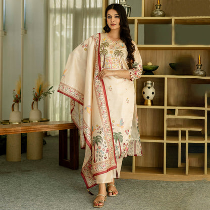 Vanyaa Peach Ivory Viscose Assam Silk Embroidered Kurta Set