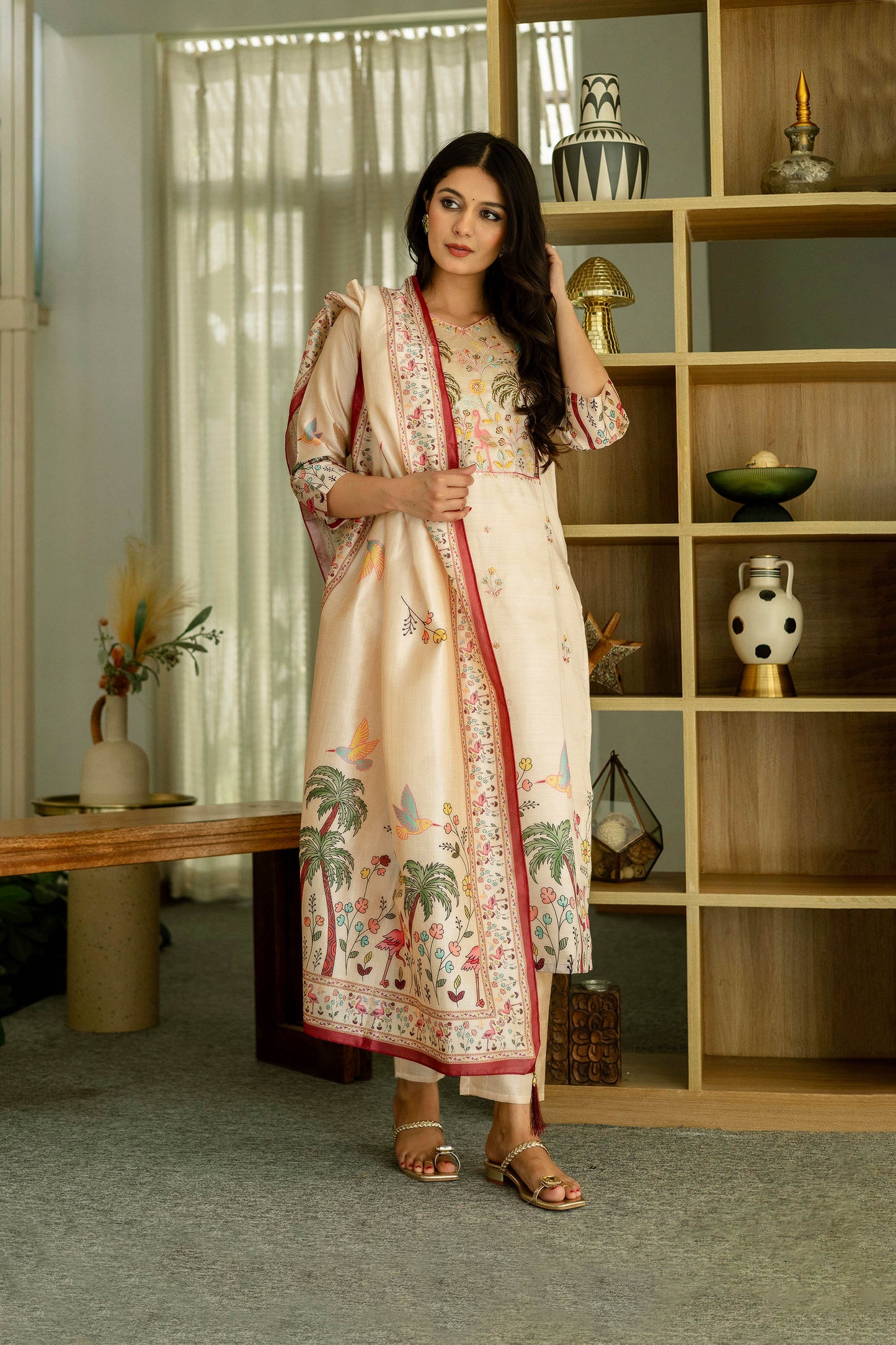 Vanyaa Peach Ivory Viscose Assam Silk Embroidered Kurta Set