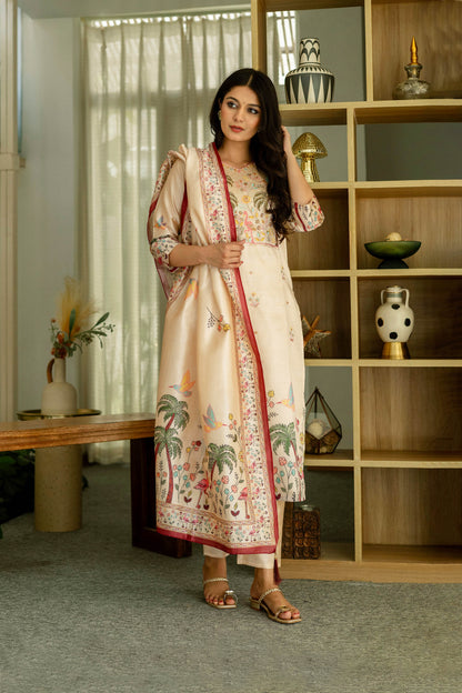 Vanyaa Peach Ivory Viscose Assam Silk Embroidered Kurta Set