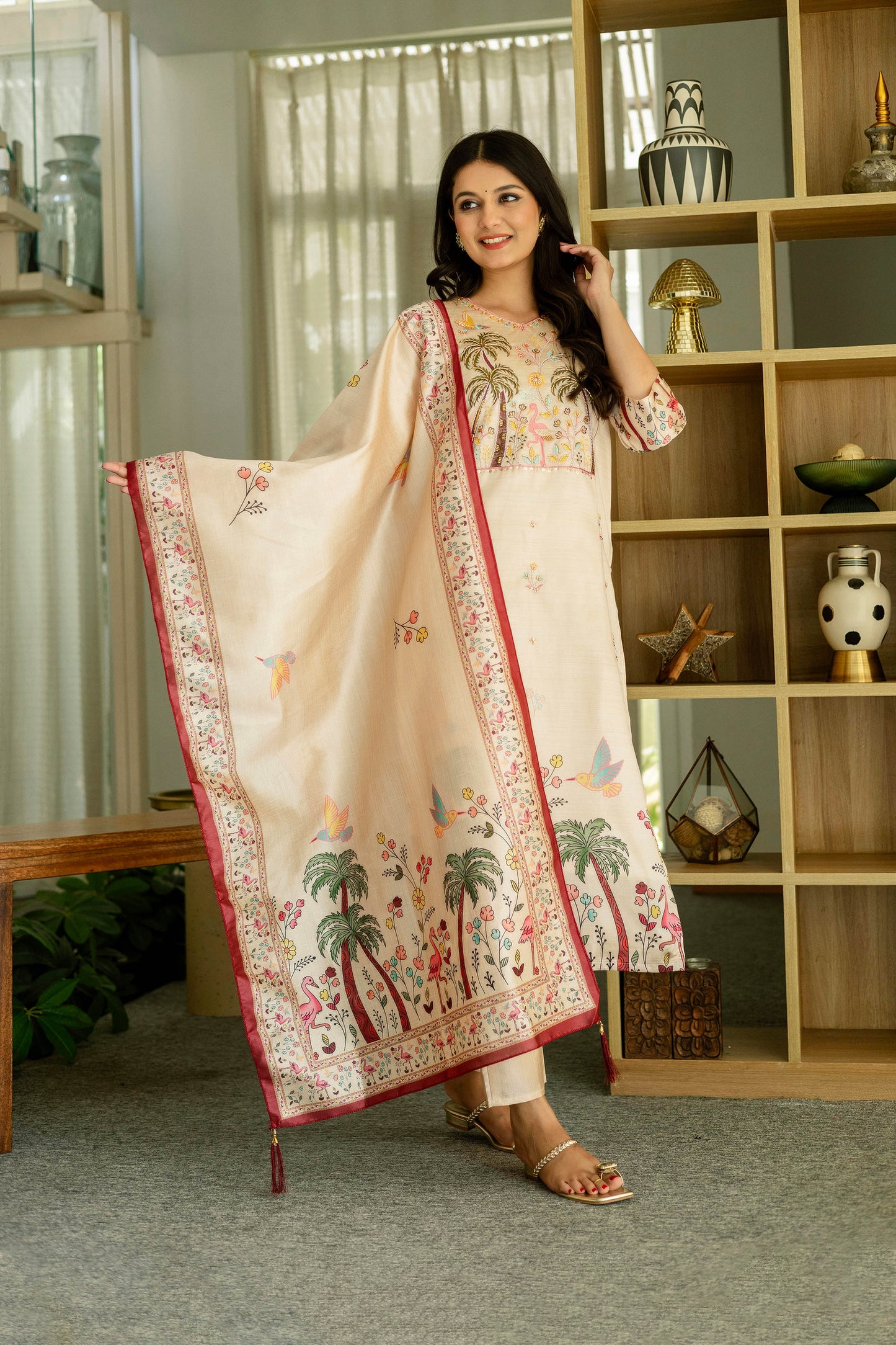 Vanyaa Peach Ivory Viscose Assam Silk Embroidered Kurta Set