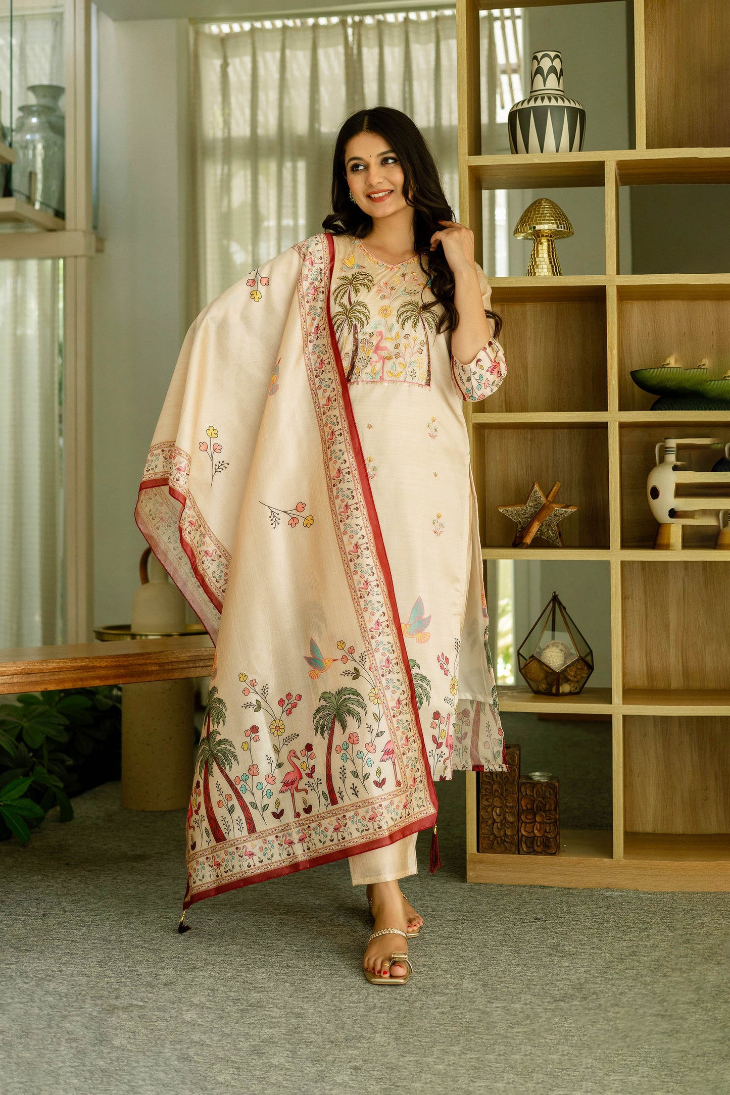 Vanyaa Peach Ivory Viscose Assam Silk Embroidered Kurta Set