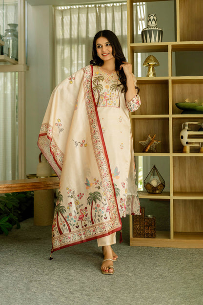 Vanyaa Peach Ivory Viscose Assam Silk Embroidered Kurta Set
