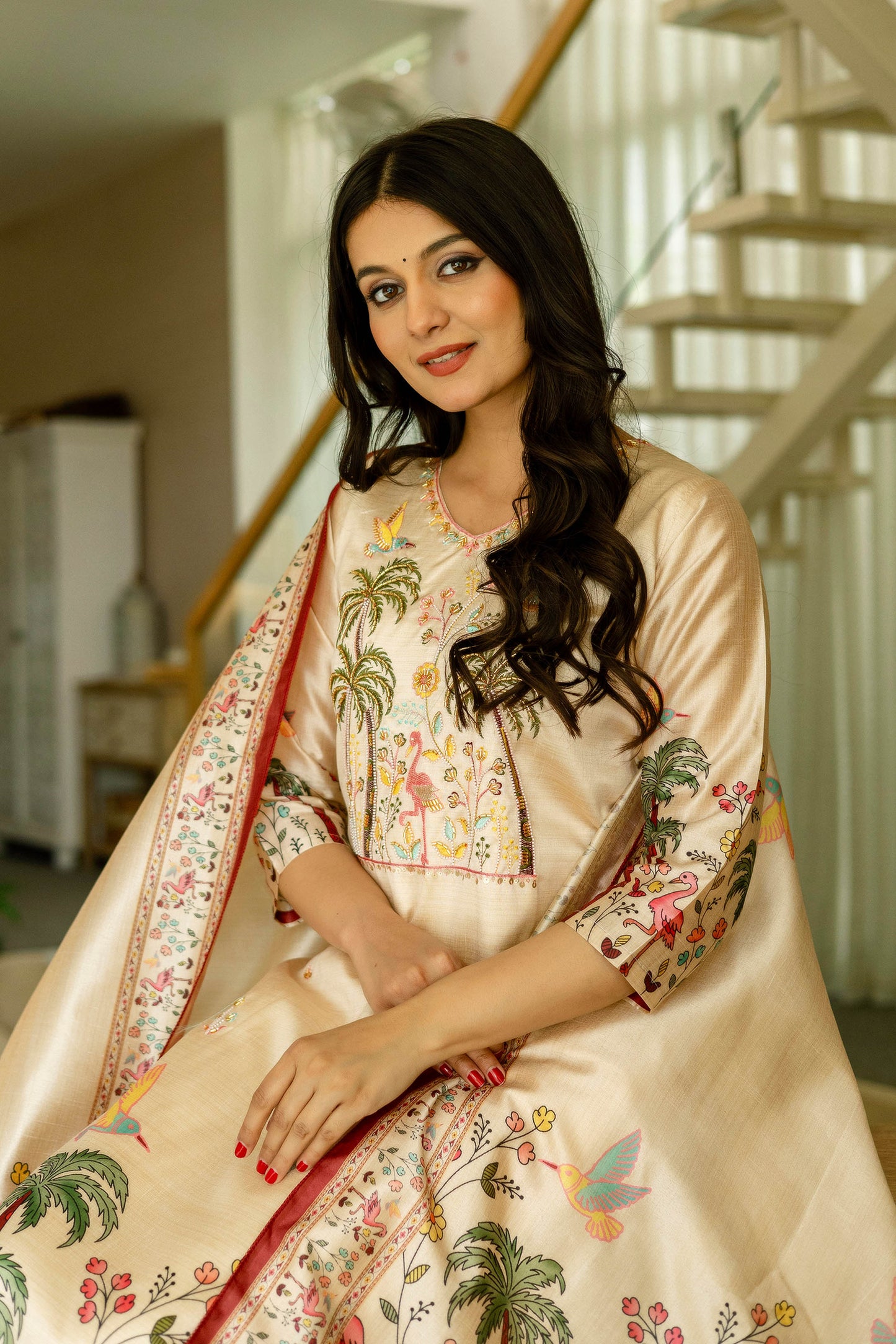 Vanyaa Peach Ivory Viscose Assam Silk Embroidered Kurta Set