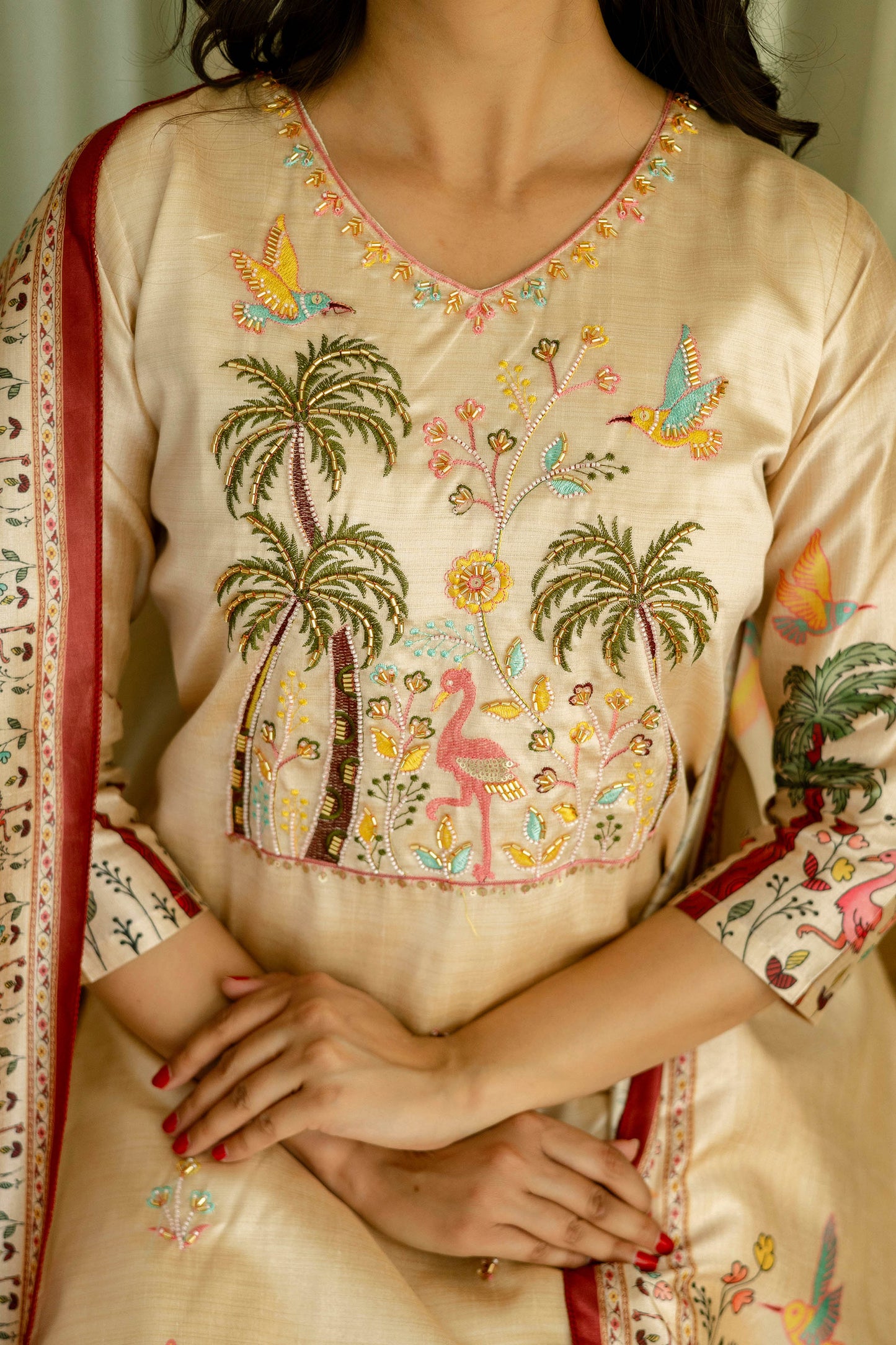 Vanyaa Peach Ivory Viscose Assam Silk Embroidered Kurta Set