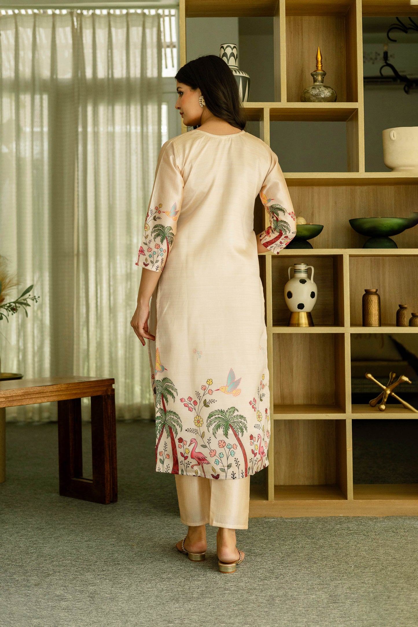 Vanyaa Peach Ivory Viscose Assam Silk Embroidered Kurta Set
