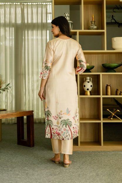 Vanyaa Peach Ivory Viscose Assam Silk Embroidered Kurta Set