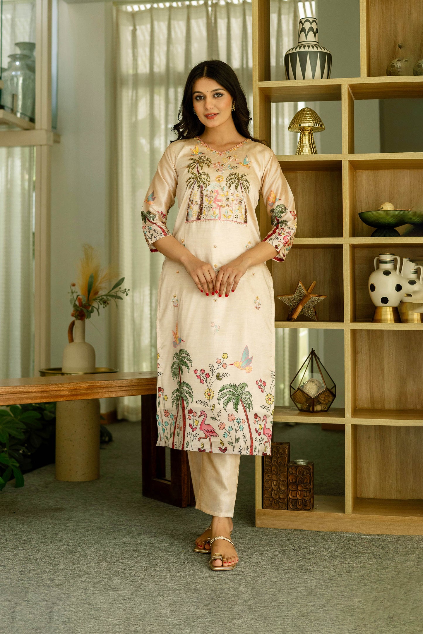 Vanyaa Peach Ivory Viscose Assam Silk Embroidered Kurta Set