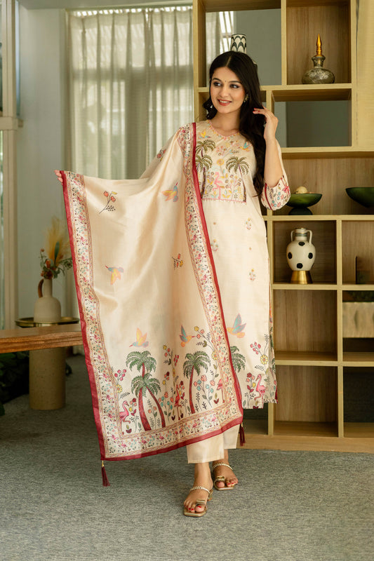 Vanyaa Peach Ivory Viscose Assam Silk Embroidered Kurta Set