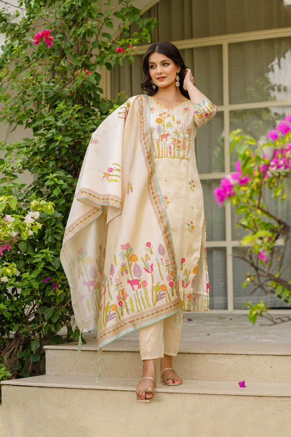 Lalita Butter Yellow Viscose Assam Silk Embroidered Kurta Set