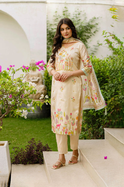 Lalita Butter Yellow Viscose Assam Silk Embroidered Kurta Set