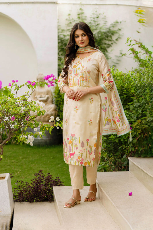 Lalita Butter Yellow Viscose Assam Silk Embroidered Kurta Set