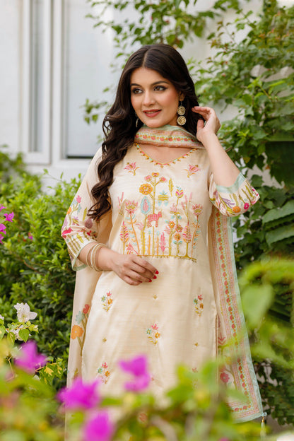 Lalita Butter Yellow Viscose Assam Silk Embroidered Kurta Set