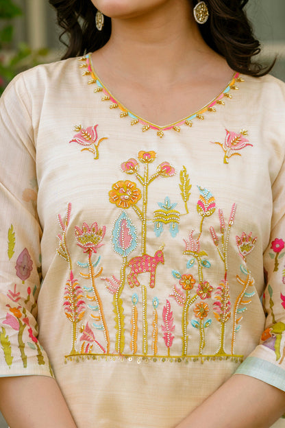 Lalita Butter Yellow Viscose Assam Silk Embroidered Kurta Set