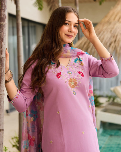 Roohi Lilac Pink Multicolour Floral Beads Embroidered Kurta Set