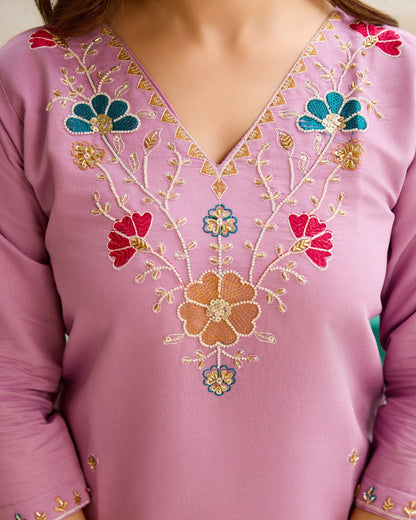 Roohi Lilac Pink Multicolour Floral Beads Embroidered Kurta Set