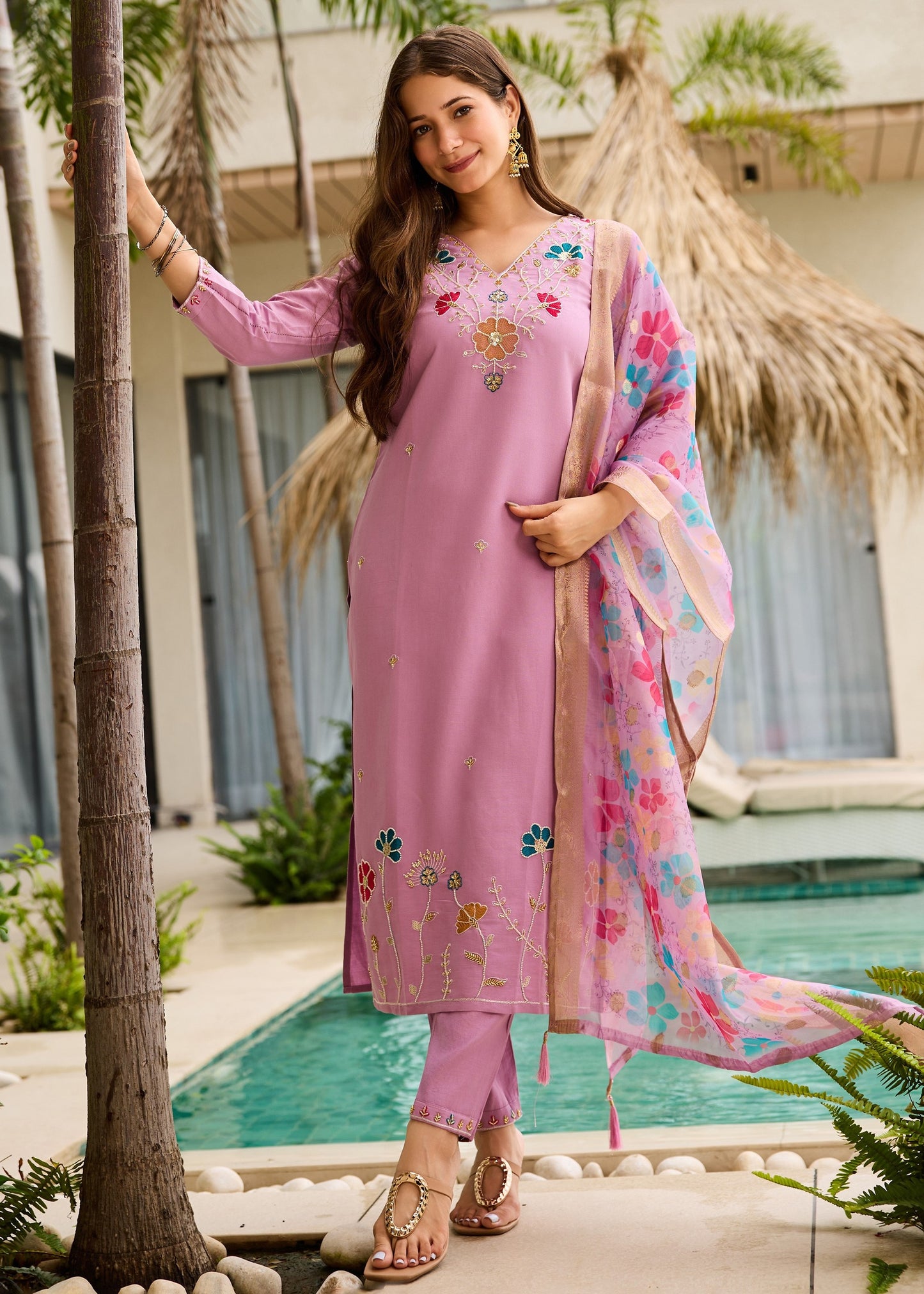 Roohi Lilac Pink Multicolour Floral Beads Embroidered Kurta Set