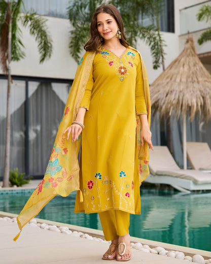 Roohi Mustard Yellow Multicolour Floral Beads Embroidered Kurta Set