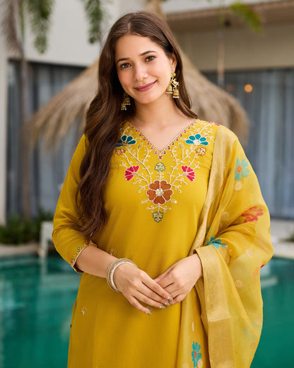 Roohi Mustard Yellow Multicolour Floral Beads Embroidered Kurta Set