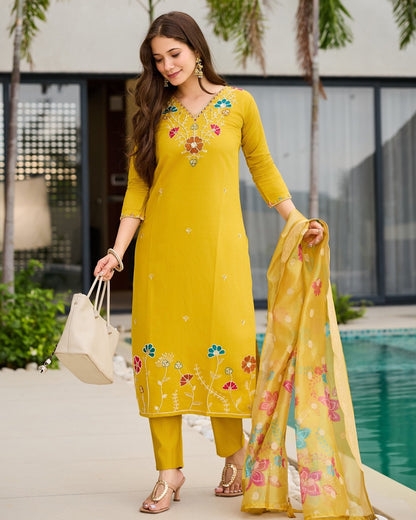 Roohi Mustard Yellow Multicolour Floral Beads Embroidered Kurta Set