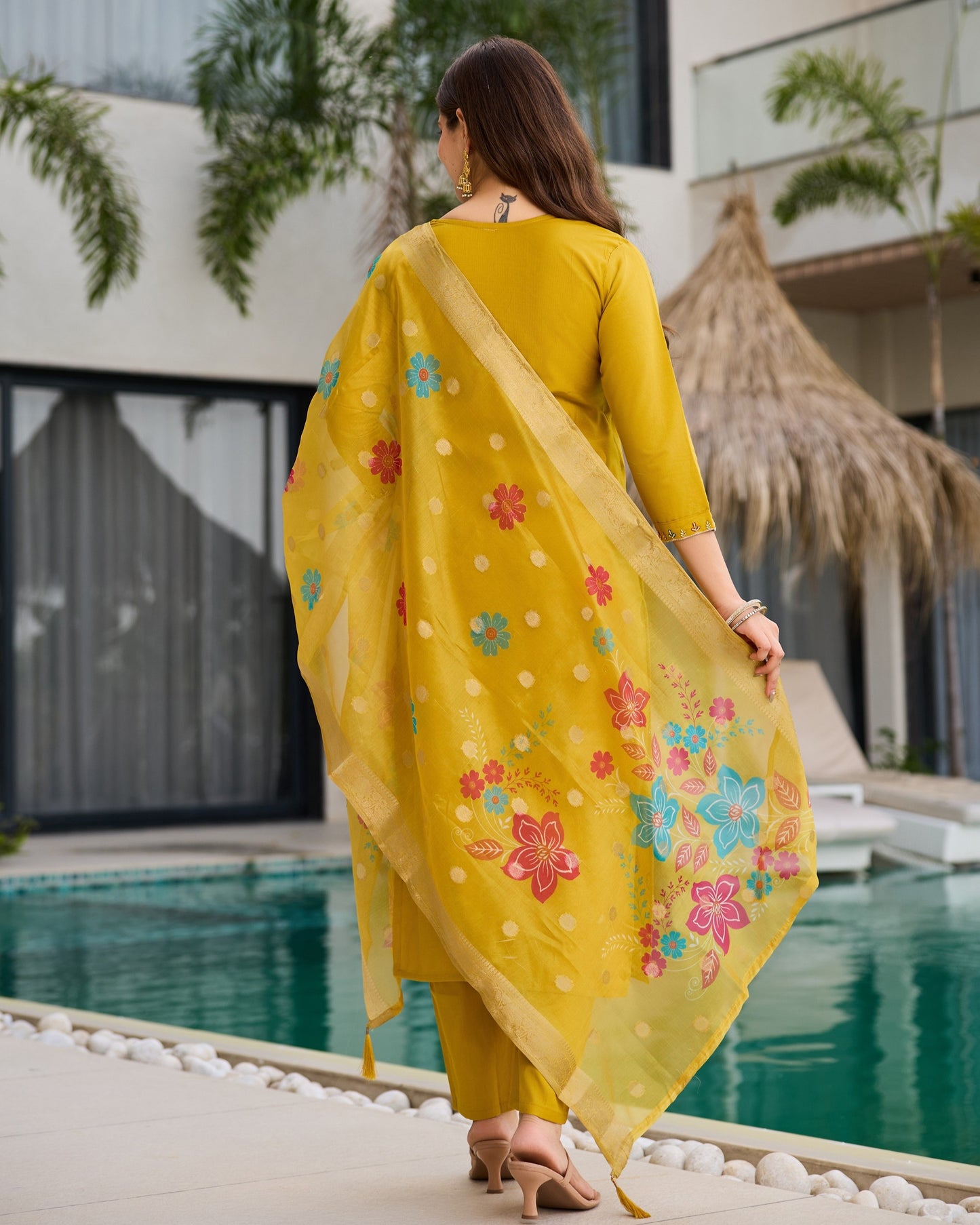 Roohi Mustard Yellow Multicolour Floral Beads Embroidered Kurta Set