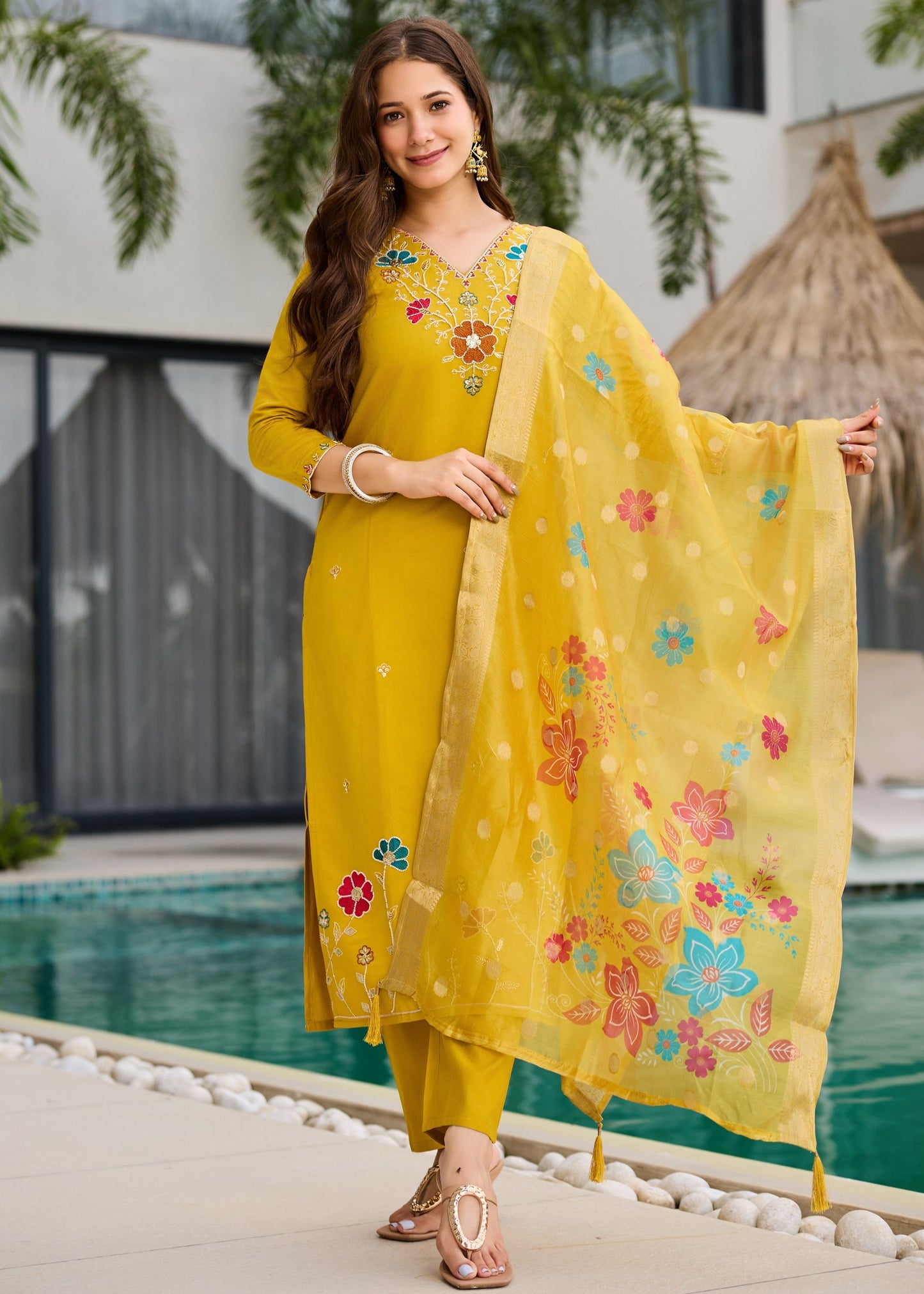 Roohi Mustard Yellow Multicolour Floral Beads Embroidered Kurta Set