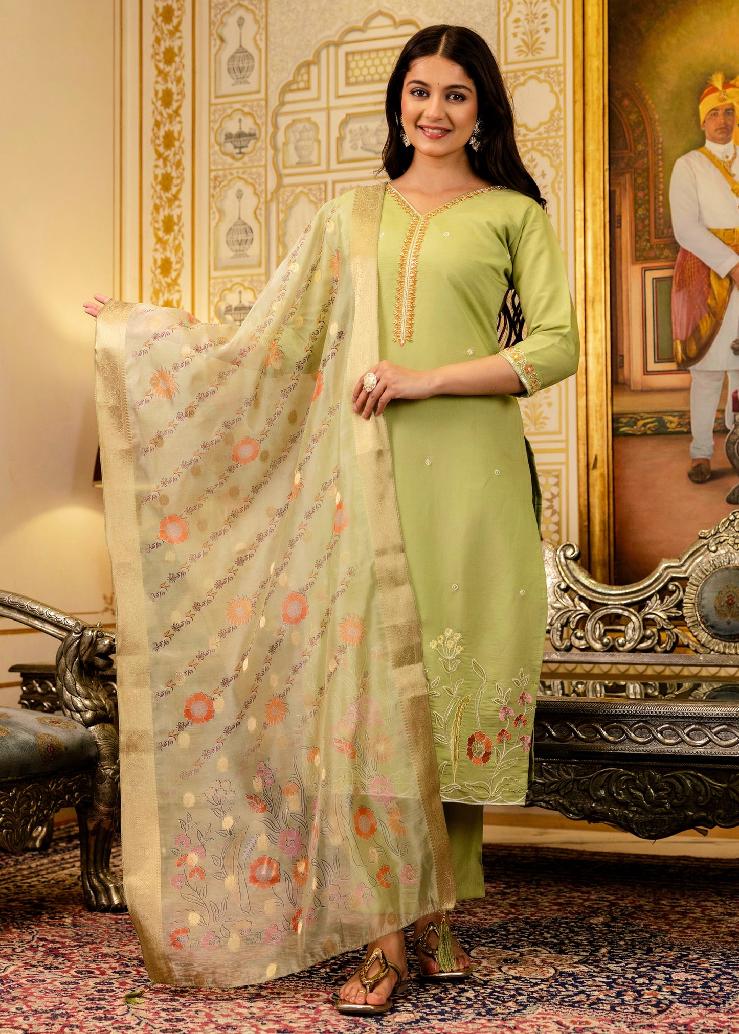 Bahar Pista Green Gota and Resham Floral Embroidered Kurta Set