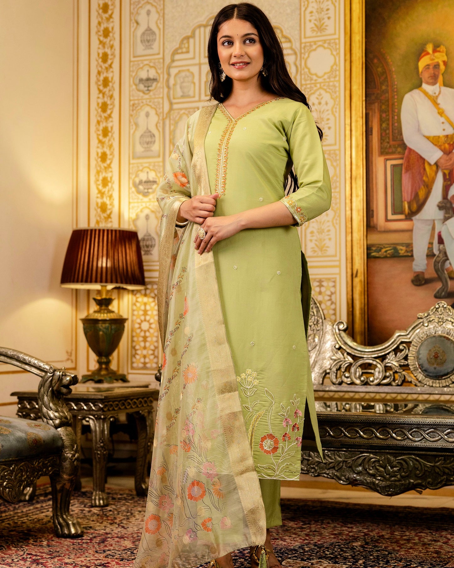 Bahar Pista Green Gota and Resham Floral Embroidered Kurta Set