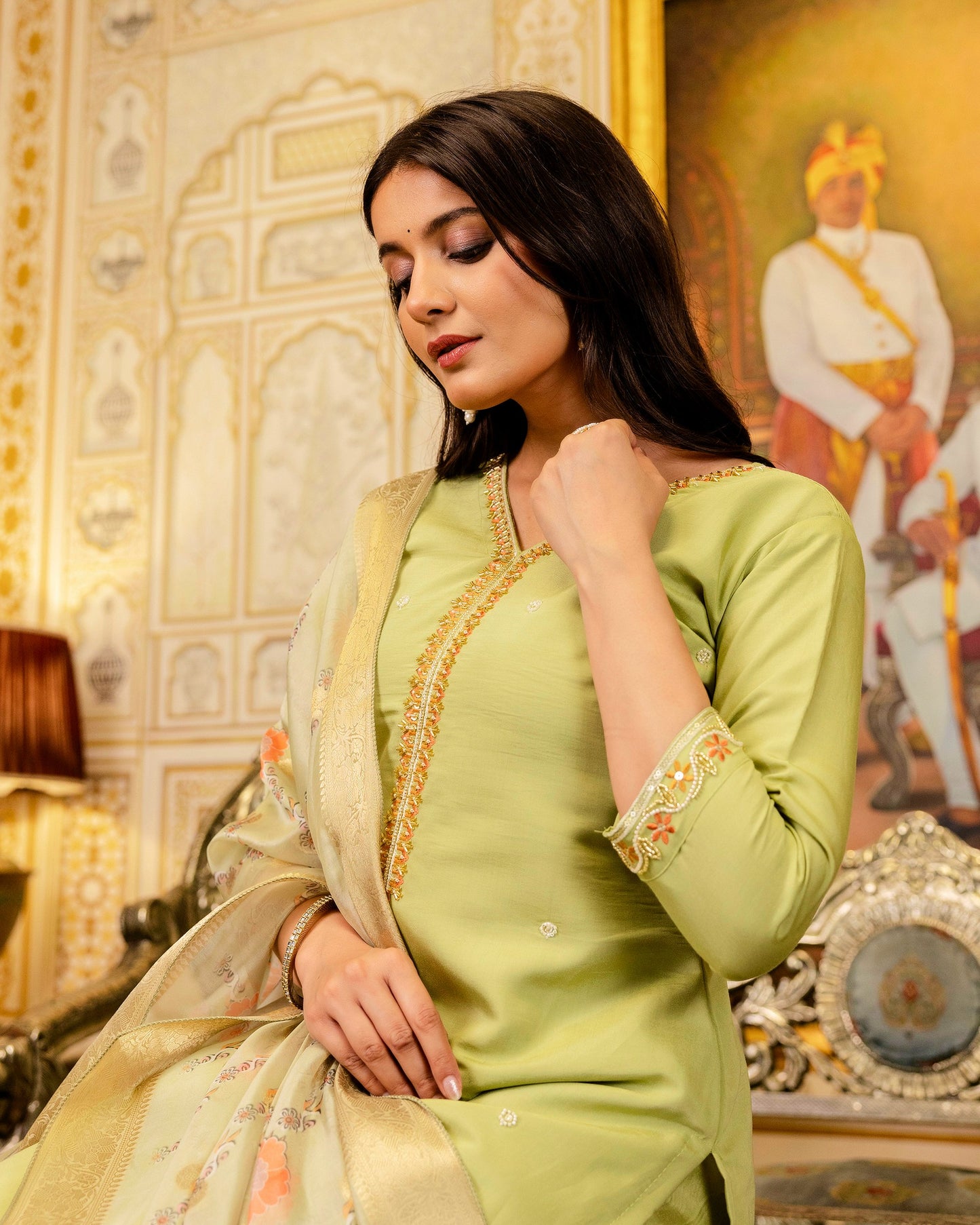 Bahar Pista Green Gota and Resham Floral Embroidered Kurta Set