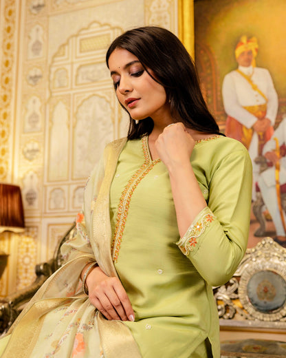 Bahar Pista Green Gota and Resham Floral Embroidered Kurta Set