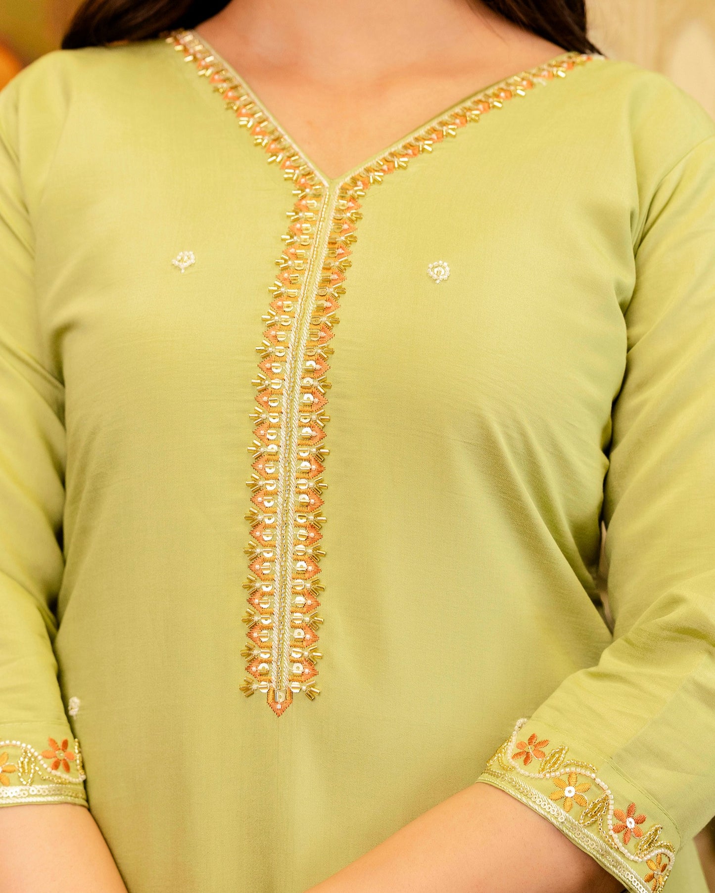 Bahar Pista Green Gota and Resham Floral Embroidered Kurta Set