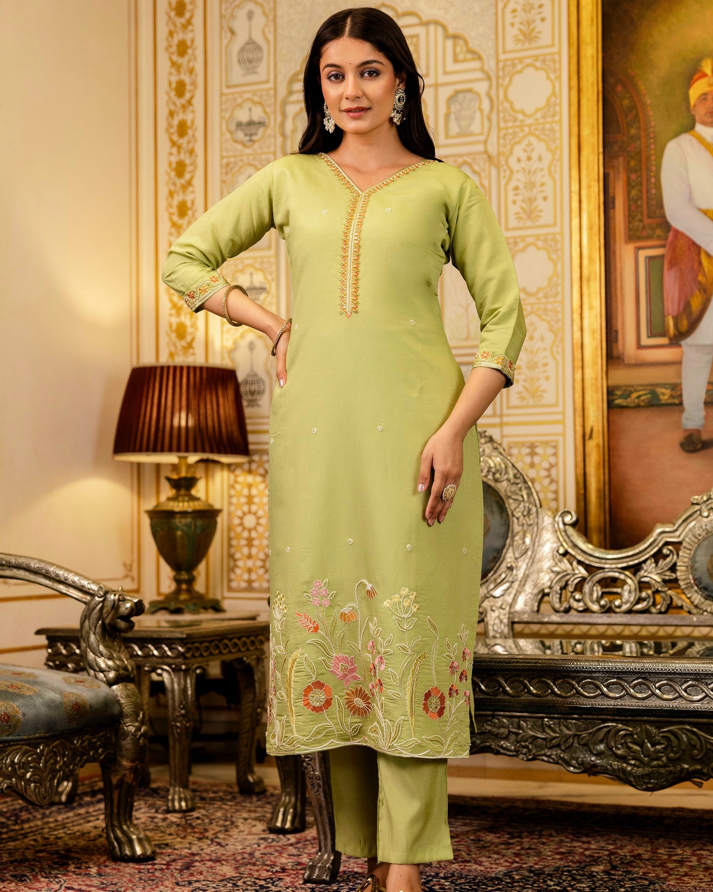 Bahar Pista Green Gota and Resham Floral Embroidered Kurta Set