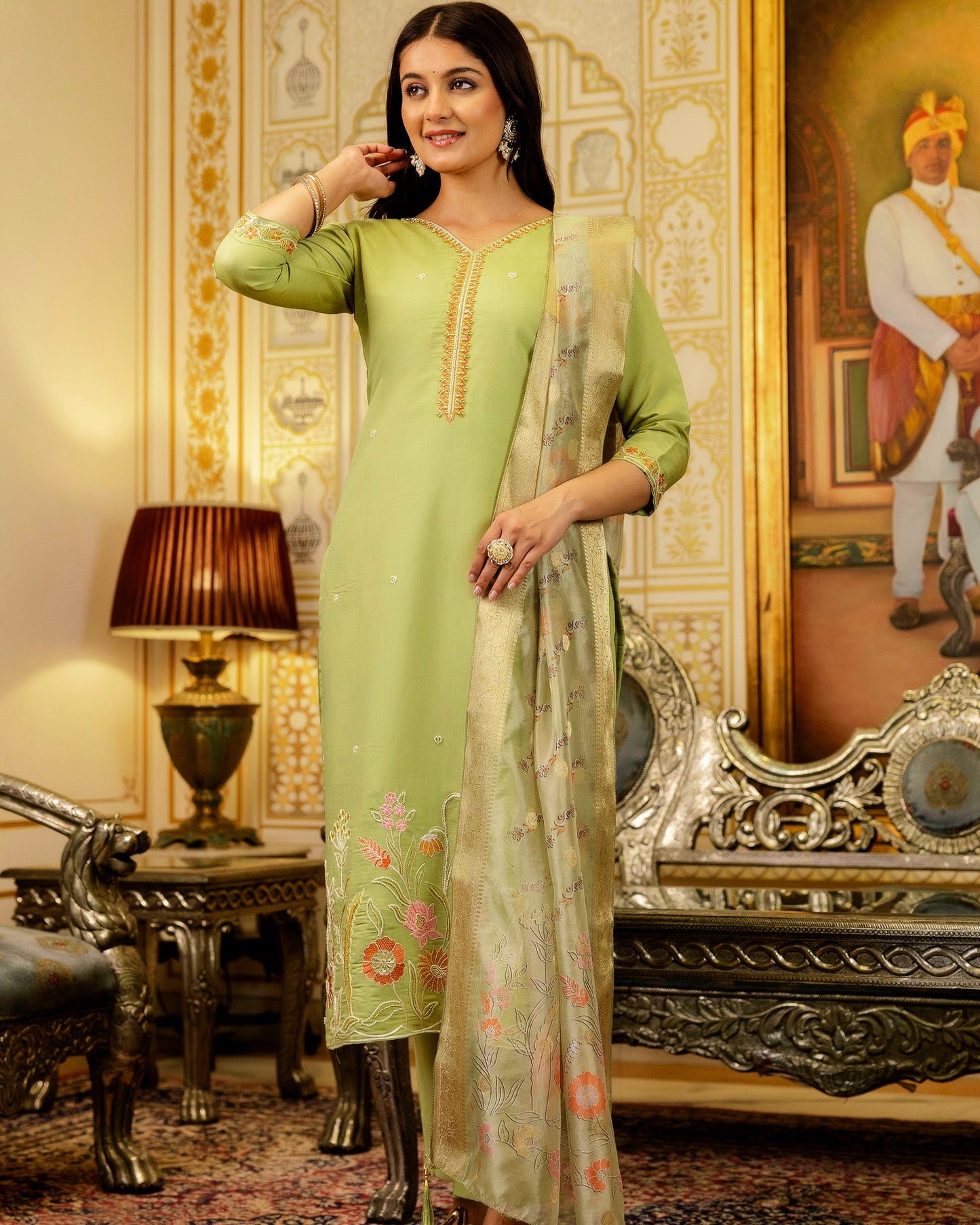 Bahar Pista Green Gota and Resham Floral Embroidered Kurta Set