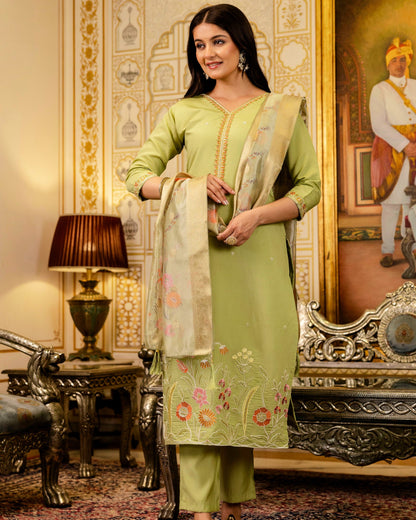 Bahar Pista Green Gota and Resham Floral Embroidered Kurta Set