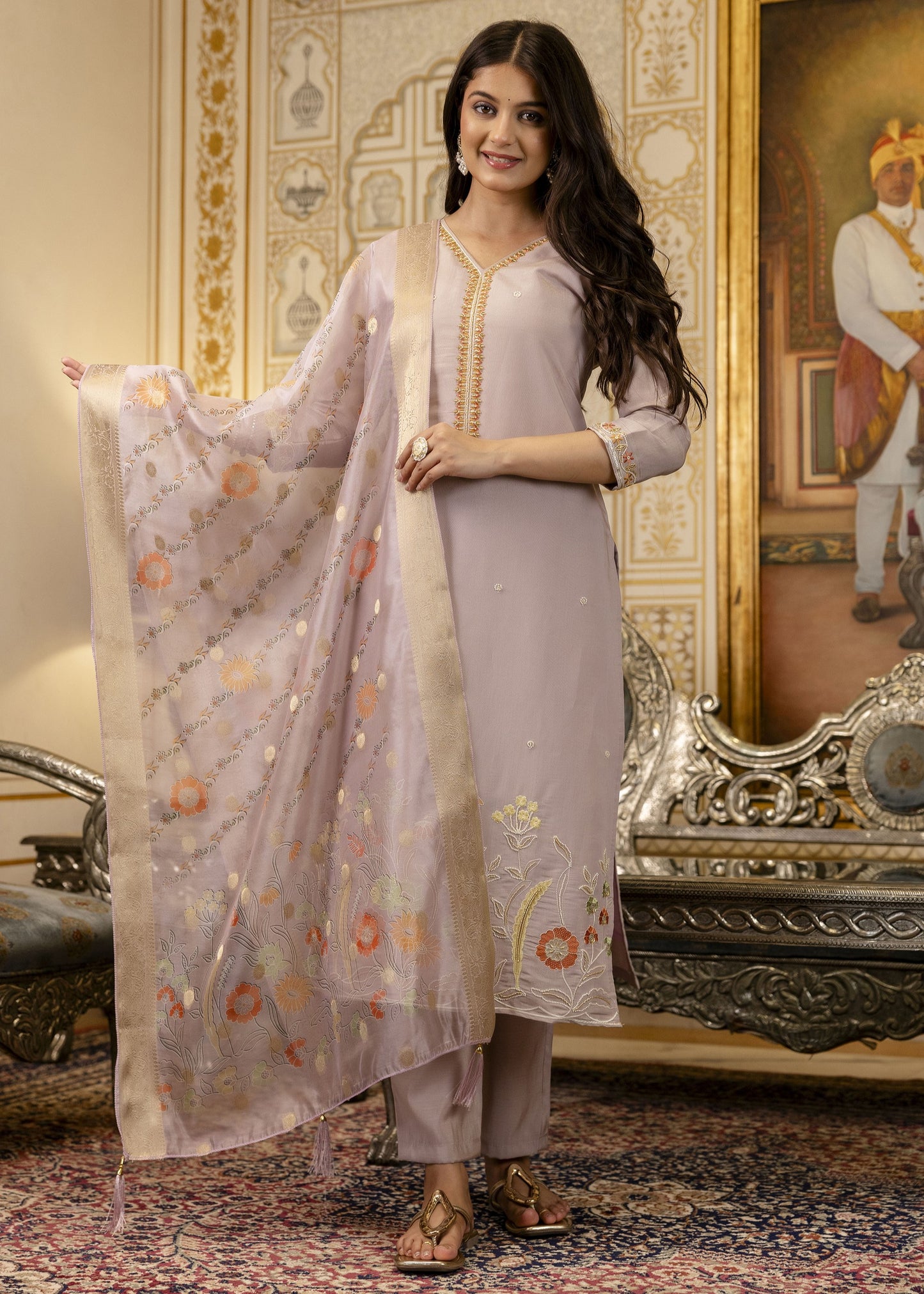 Bahar Lavender Grey Gota and Resham Floral Embroidered Kurta Set