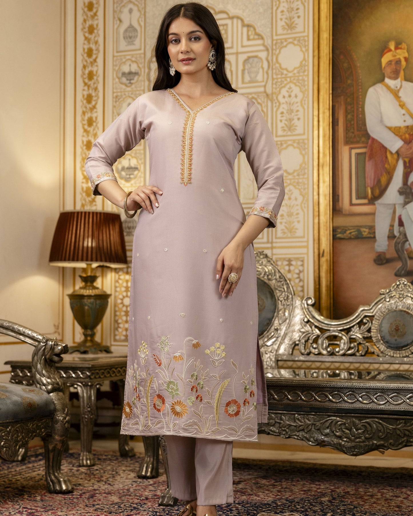 Bahar Lavender Grey Gota and Resham Floral Embroidered Kurta Set