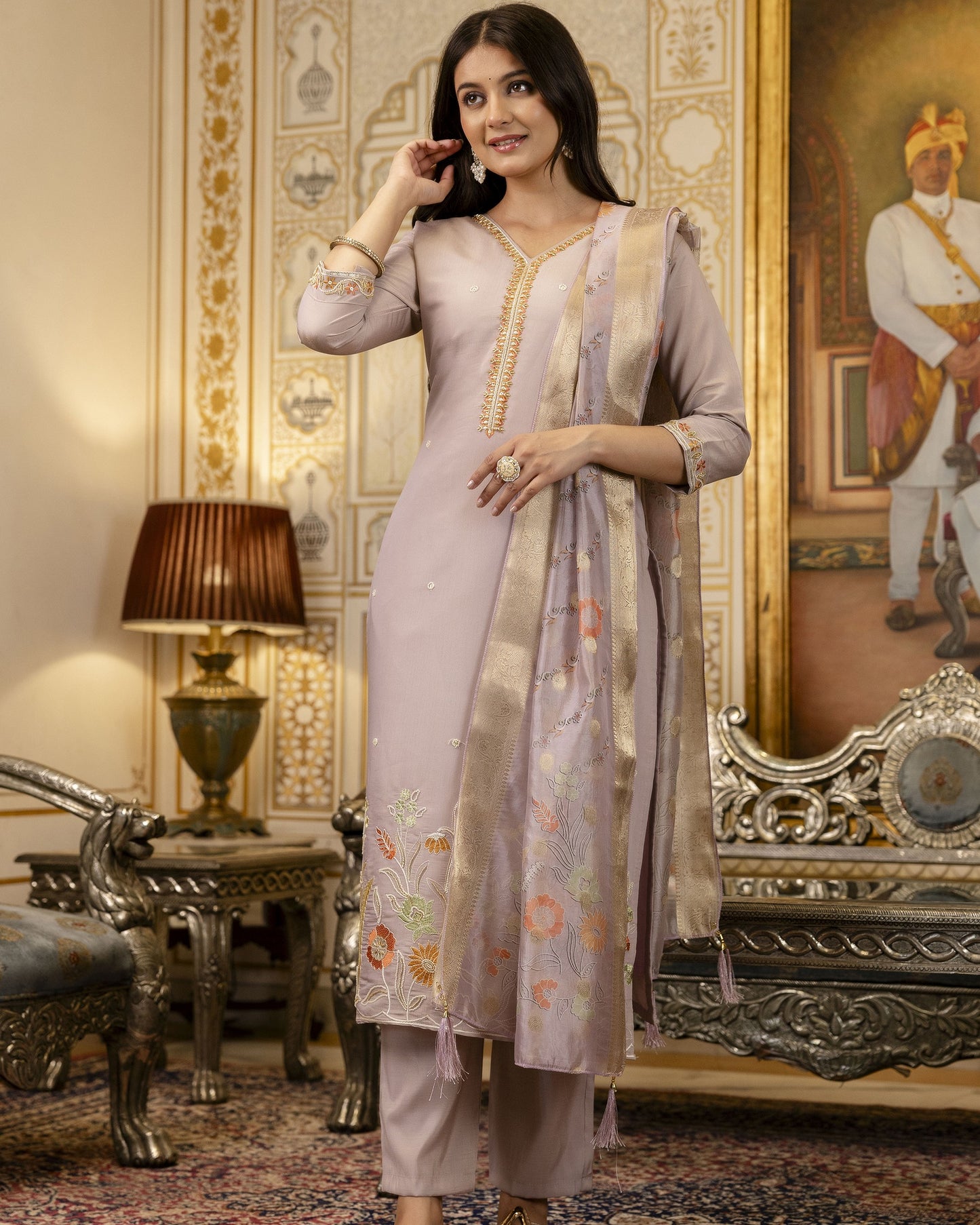 Bahar Lavender Grey Gota and Resham Floral Embroidered Kurta Set