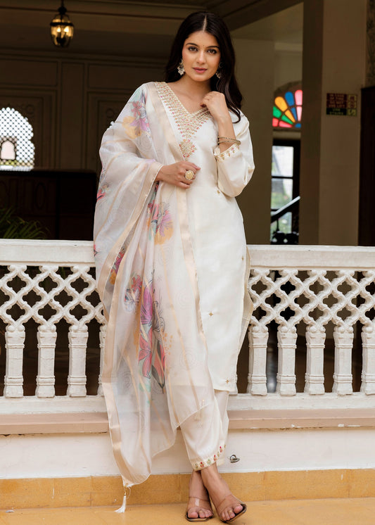 Zara Ivory White Gold Zardozi & Buti Embroidered Kurta Set