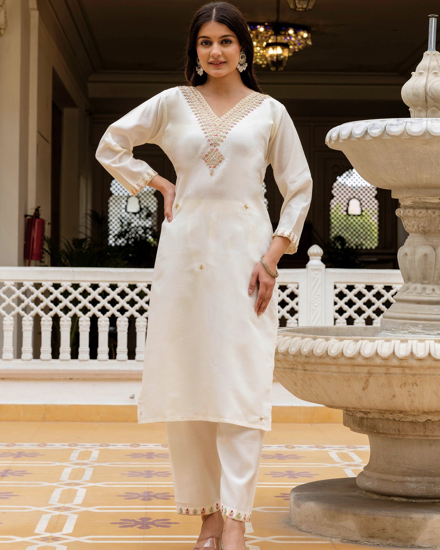 Zara Ivory White Gold Zardozi & Buti Embroidered Kurta Set