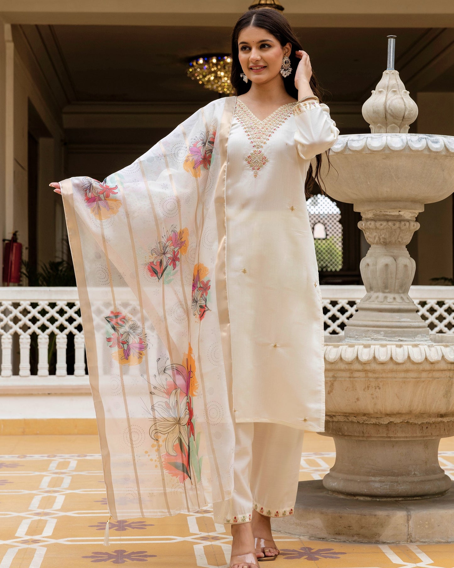 Zara Ivory White Gold Zardozi & Buti Embroidered Kurta Set